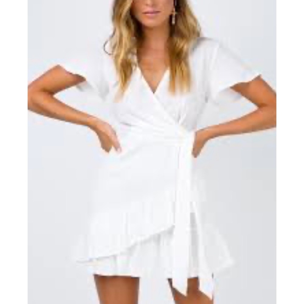 Princess Polly White Wrap Mini Dress Short Flutter Sleeve Ruffle Hem Size 4